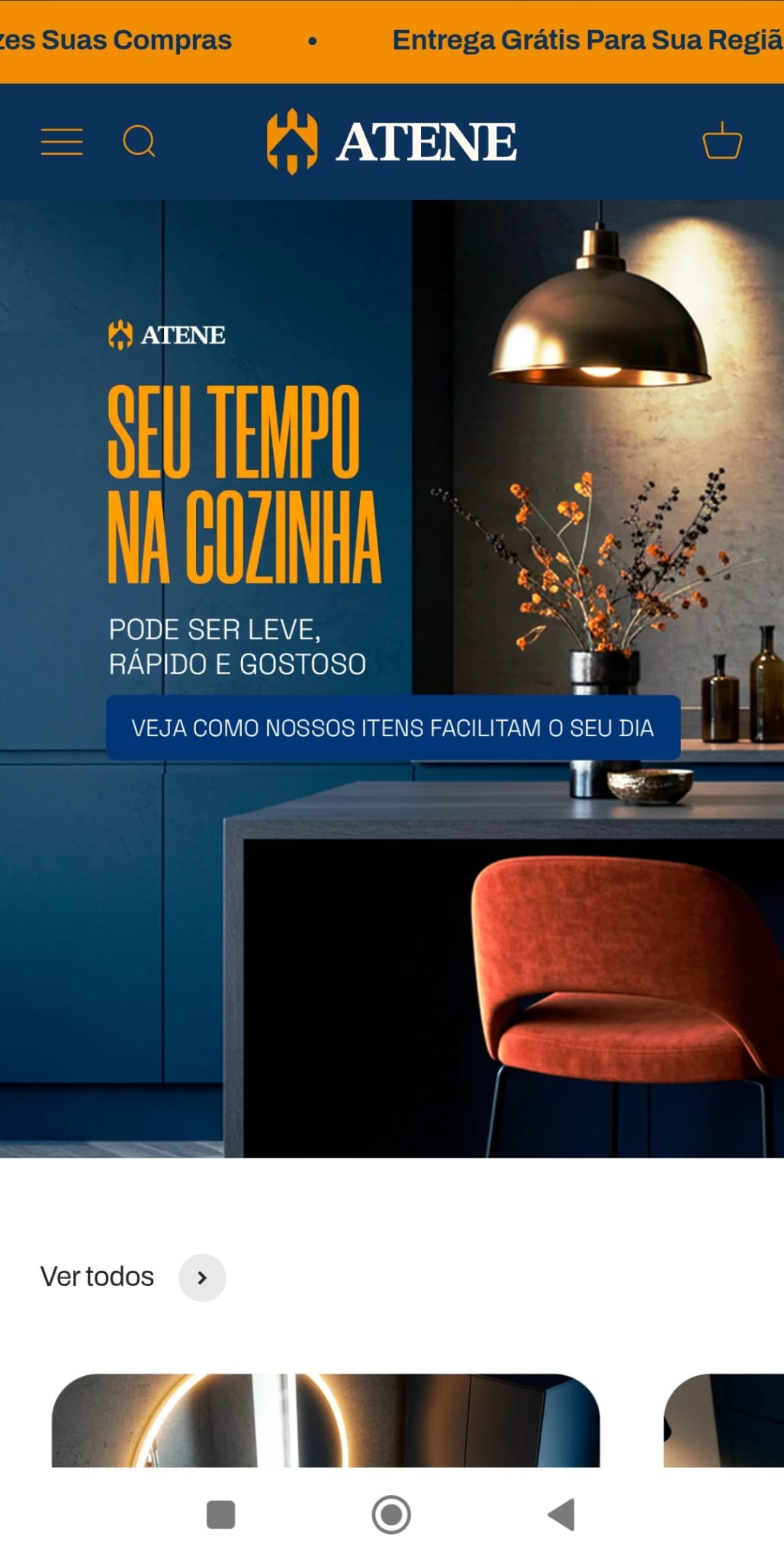 Tela inicial do e-commerce das Lojas Atene em versão mobile