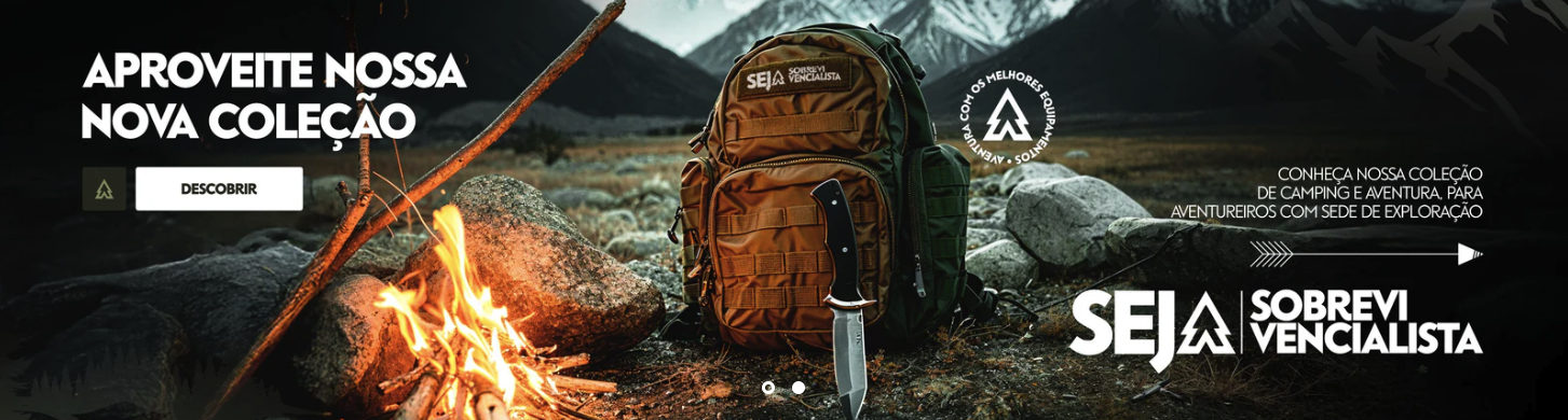 Banner do e-commerce Seja Sobrevivencialista com destaque para equipamentos de sobrevivência